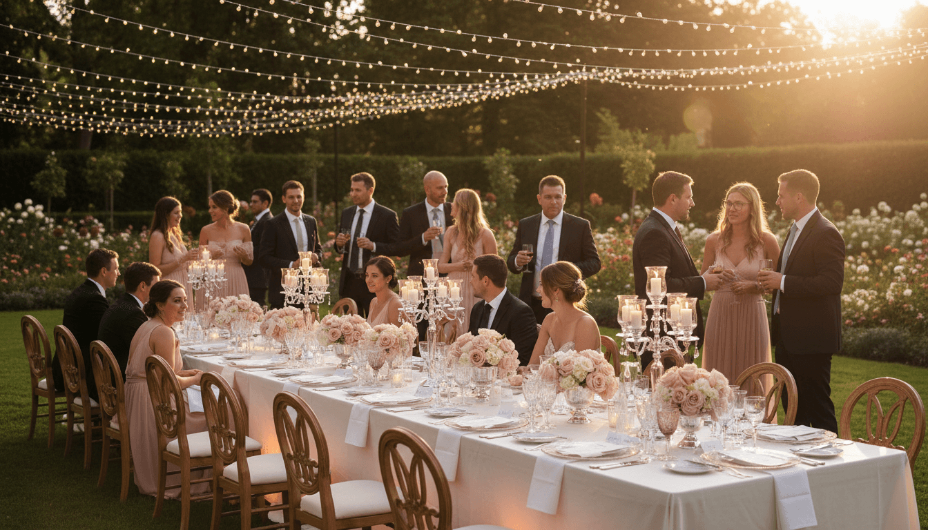 Wedding reception with draped tables and string lighting