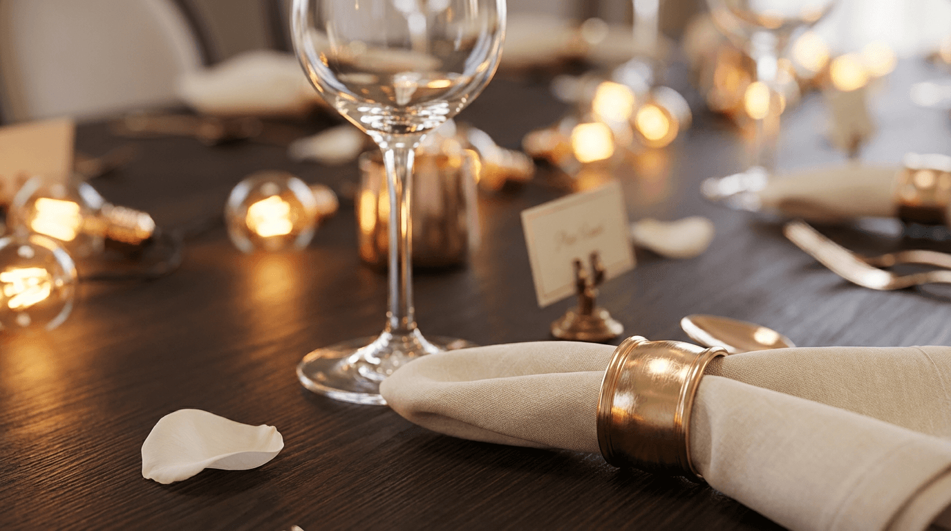 Close-up of formal table place setting with flowers