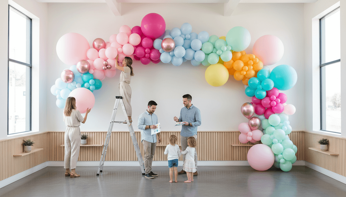 Birthday celebration setup with colored linens and balloon decorations