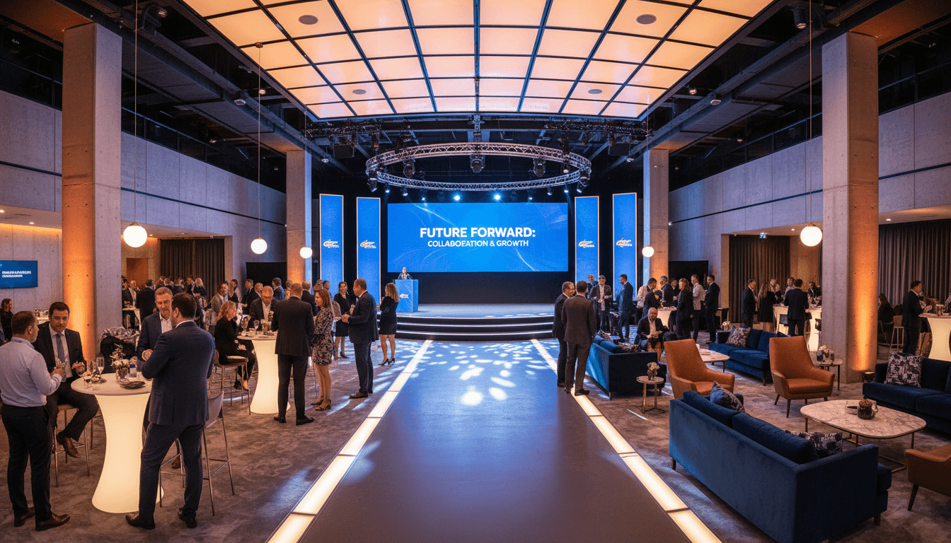 Wide panoramic view of completed corporate stakeholder event with multiple zones, attendees networking, ambient lighting, and presentation stage