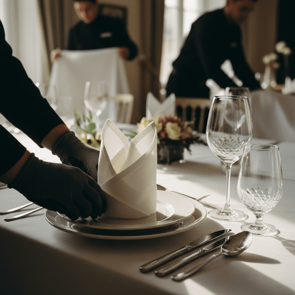 Event setup team arranging chairs and tables at venue