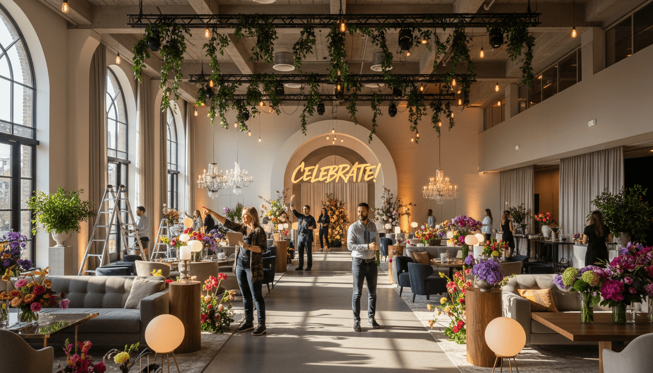 Event setup with tables, chairs, and lighting equipment being arranged for an outdoor celebration