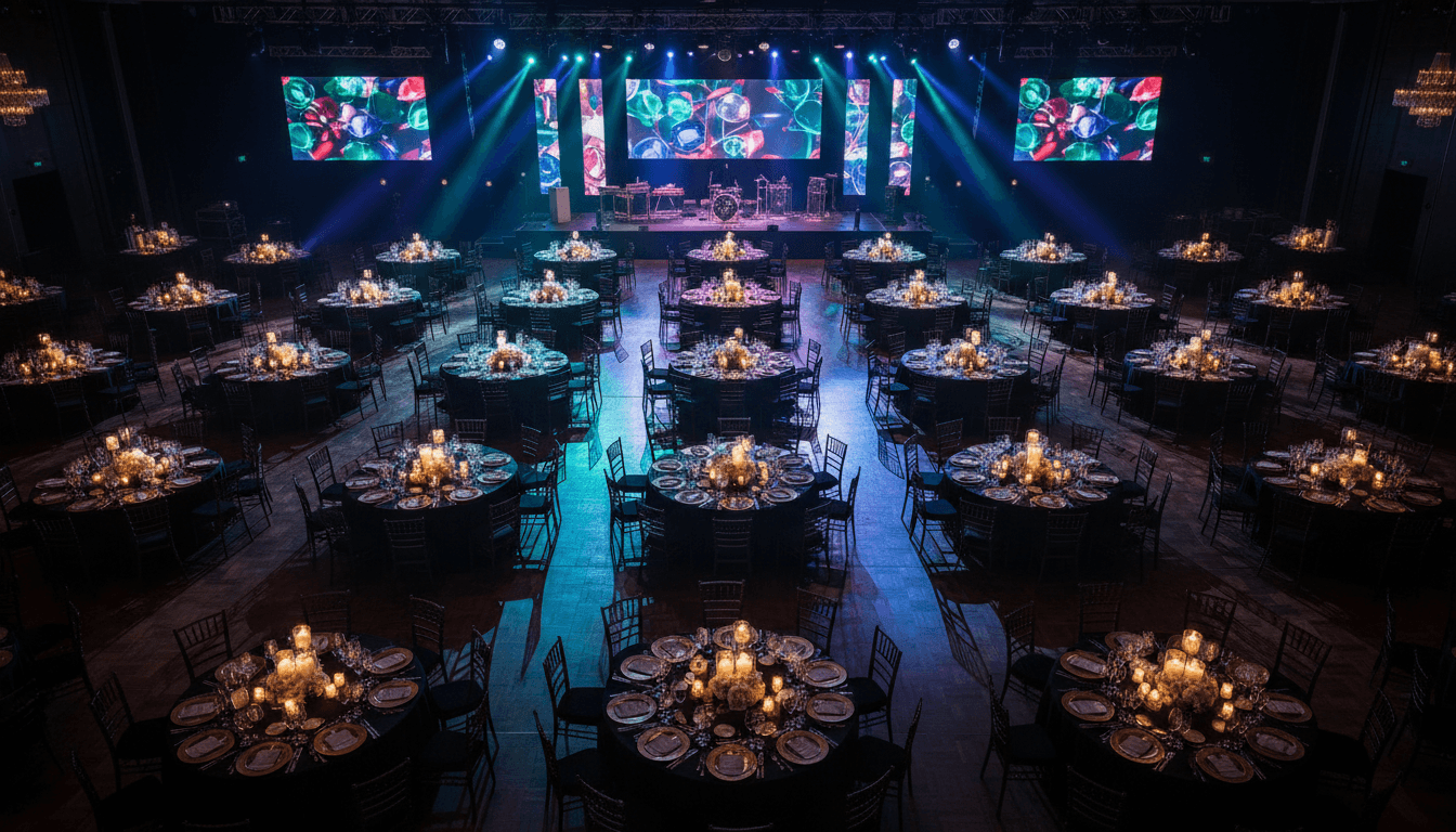 Corporate event ballroom with round tables and stage lighting