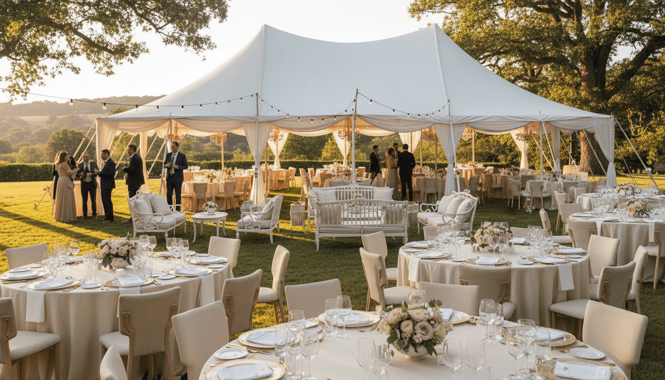 Event space setup with tables, chairs, and supplies arranged for a large gathering